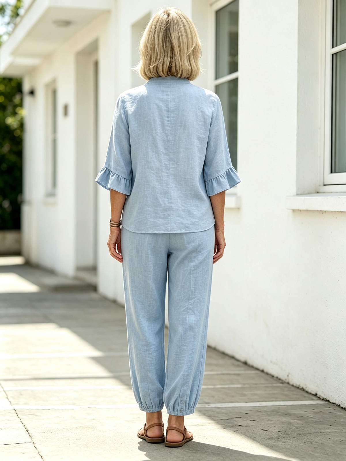 2Pcs Casual Matching Outfit Set, Mandarin Collar Half Button Top, Ruffle Edge Seven-quarter Sleeve Blouse, Solid Lightweight Textured Fabric, Elastic Waist Nine-quarter Jogger Pants with Button Hem Detail, Relaxed Loose Fit Co-Ord Suit for Daily L