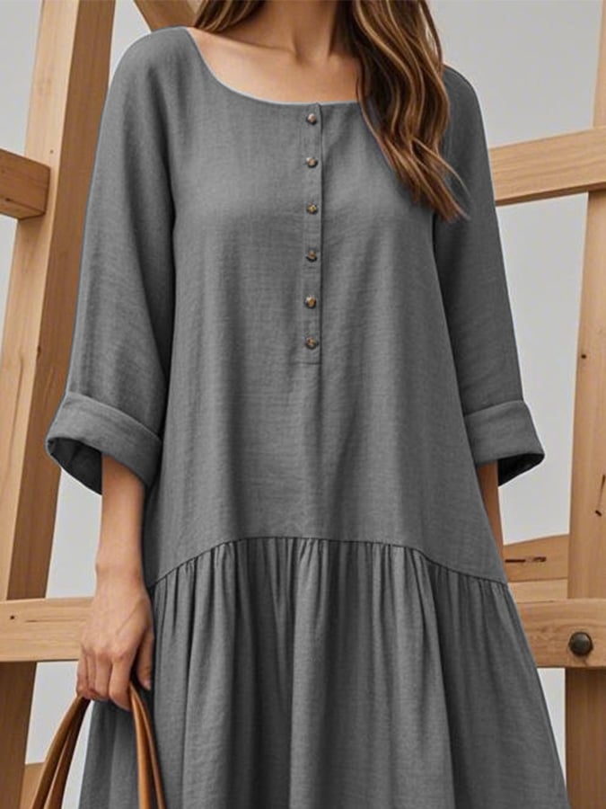 Women'S Solid Color Square Neck Retro Button A-Line Loose Holiday Dress