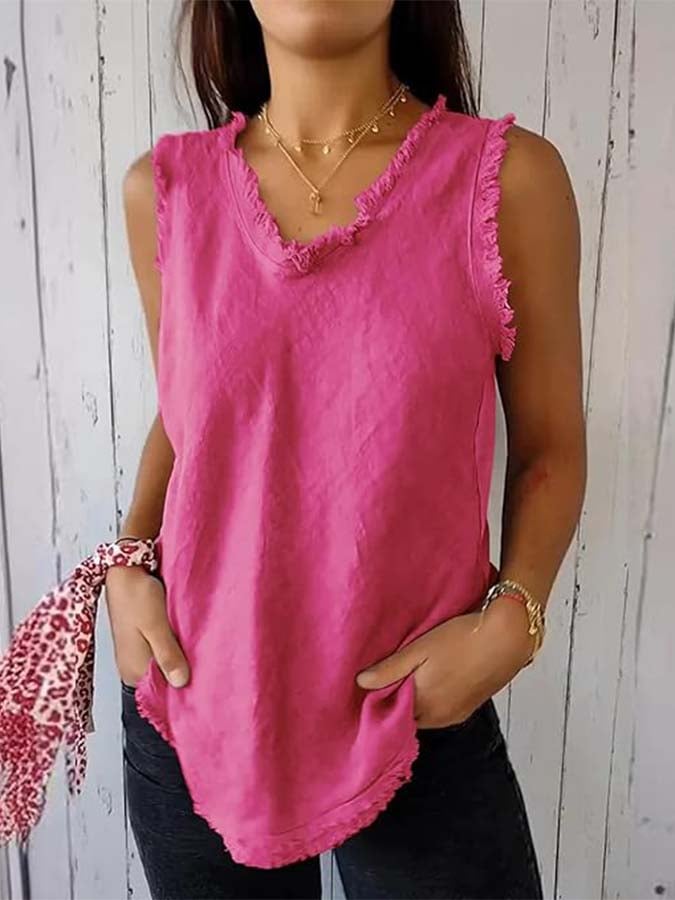 Women'S Sleeveless Tassel Stitching Casual Solid Color Cotton And Linen Vest