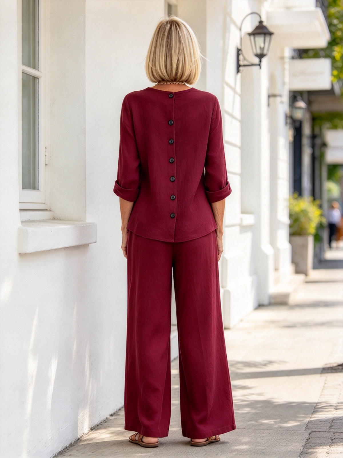 Minimalist Temperament Cotton and Linen V-neck Diagonal Button-up Shirt Wide-leg Pants Two-piece Set