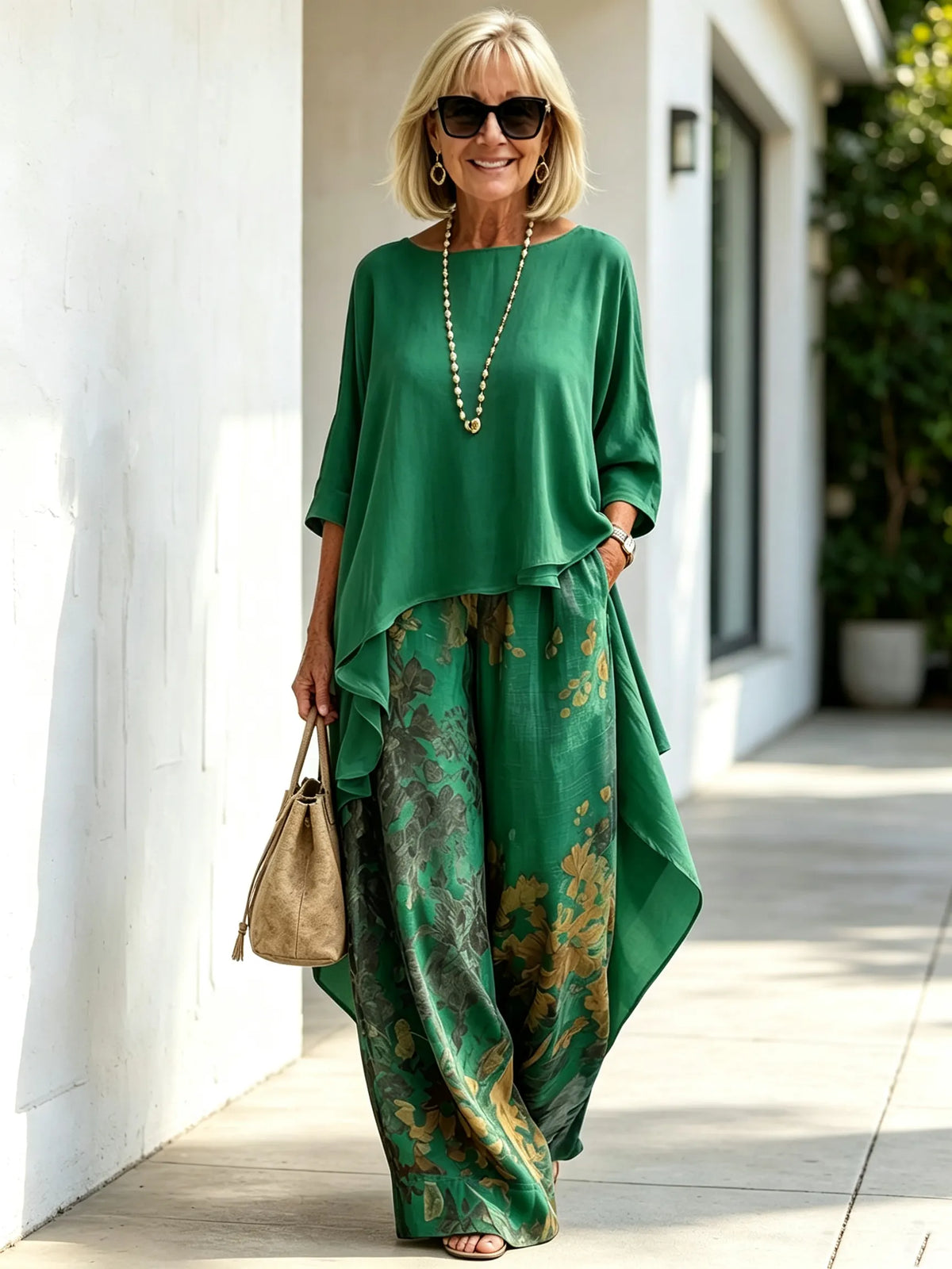 2‐Piece Outfit Set, Solid Color Asymmetrical Draped 3/4 Sleeve Boat Neck Top, Floral Printed High‐Waist Wide‐Leg Pants With Side Pockets, Loose Flow‐y Linen‐blend Fabric, Relaxed Silhouette For Daily Wear, Vacation And Casual Occasions