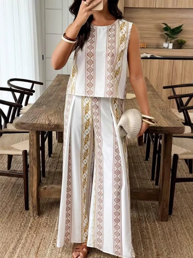 Women's Casual Printed Round Neck Sleeveless Top Wide Leg Pants Set