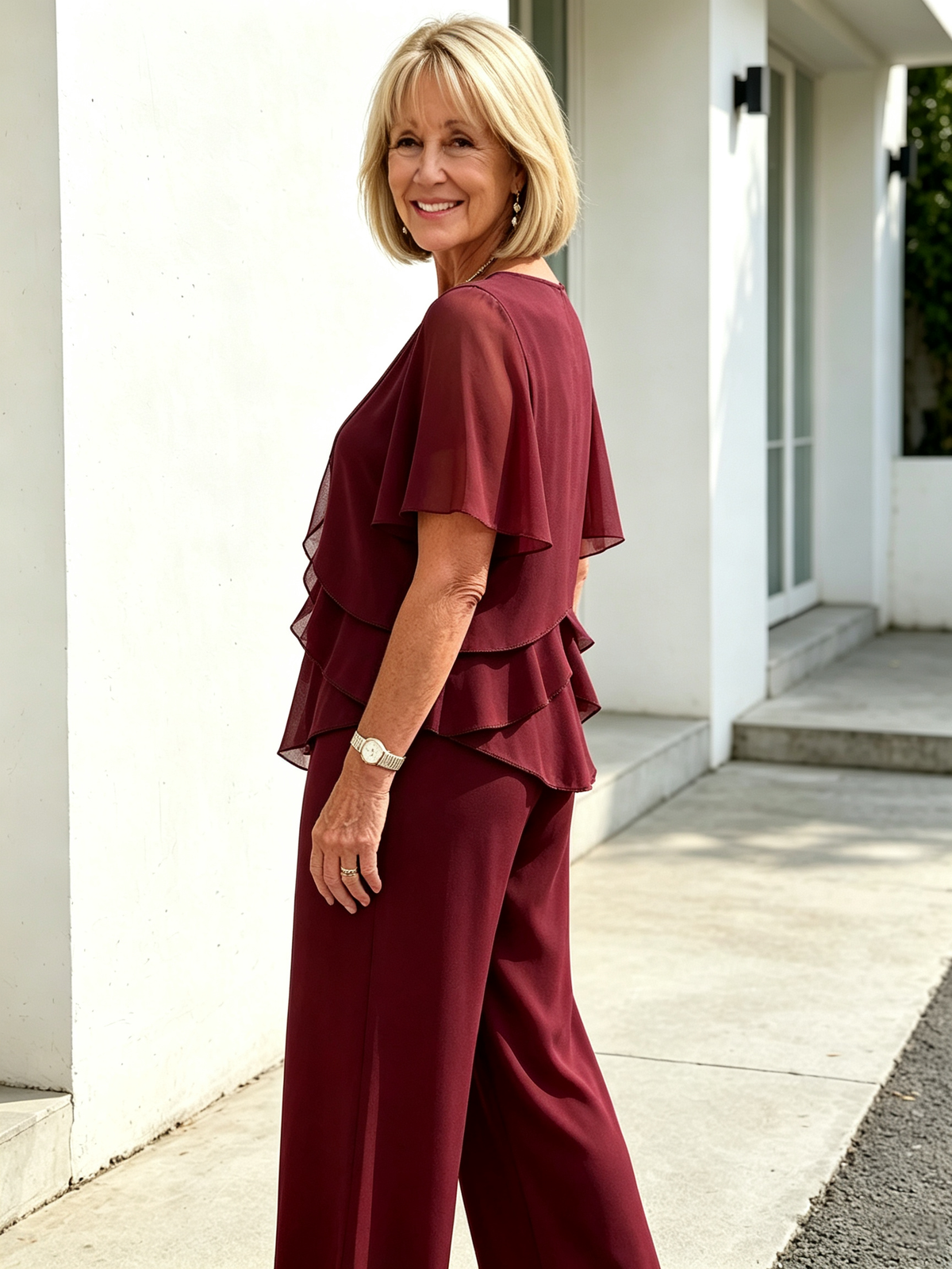 2 Piece Outfit Set, Round Neck Chiffon Flutter Short Sleeve Top, Multi-layer Ruffled Irregular Hem, High Waist Straight Wide Leg Long Trousers, Lightweight Sheer Fabric, Elegant Flowy Pant Suit for Wedding Guest and Formal Occasions
