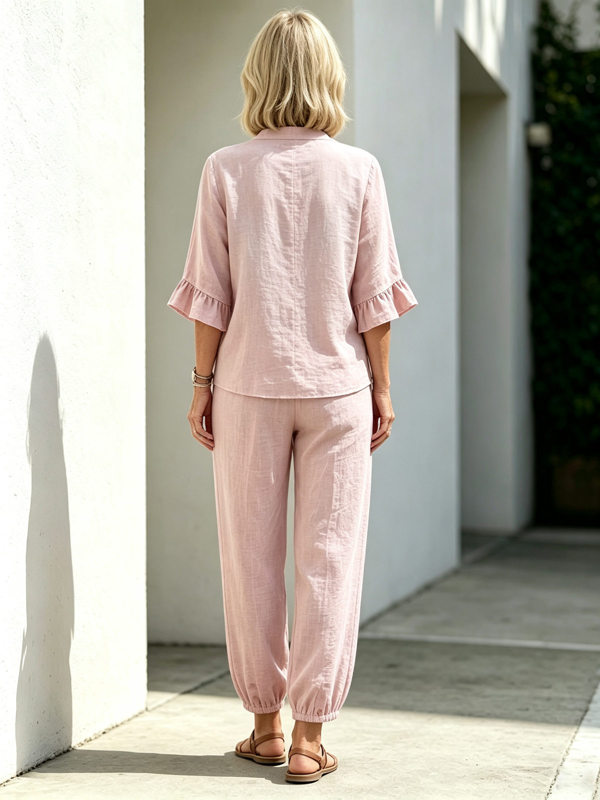 2Pcs Casual Matching Outfit Set, Mandarin Collar Half Button Top, Ruffle Edge Seven-quarter Sleeve Blouse, Solid Lightweight Textured Fabric, Elastic Waist Nine-quarter Jogger Pants with Button Hem Detail, Relaxed Loose Fit Co-Ord Suit for Daily L