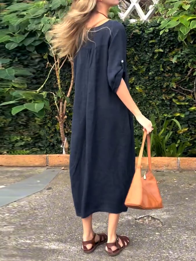 Women's Casual Loose Button Decoration Slant Pocket Cotton and Linen Dress