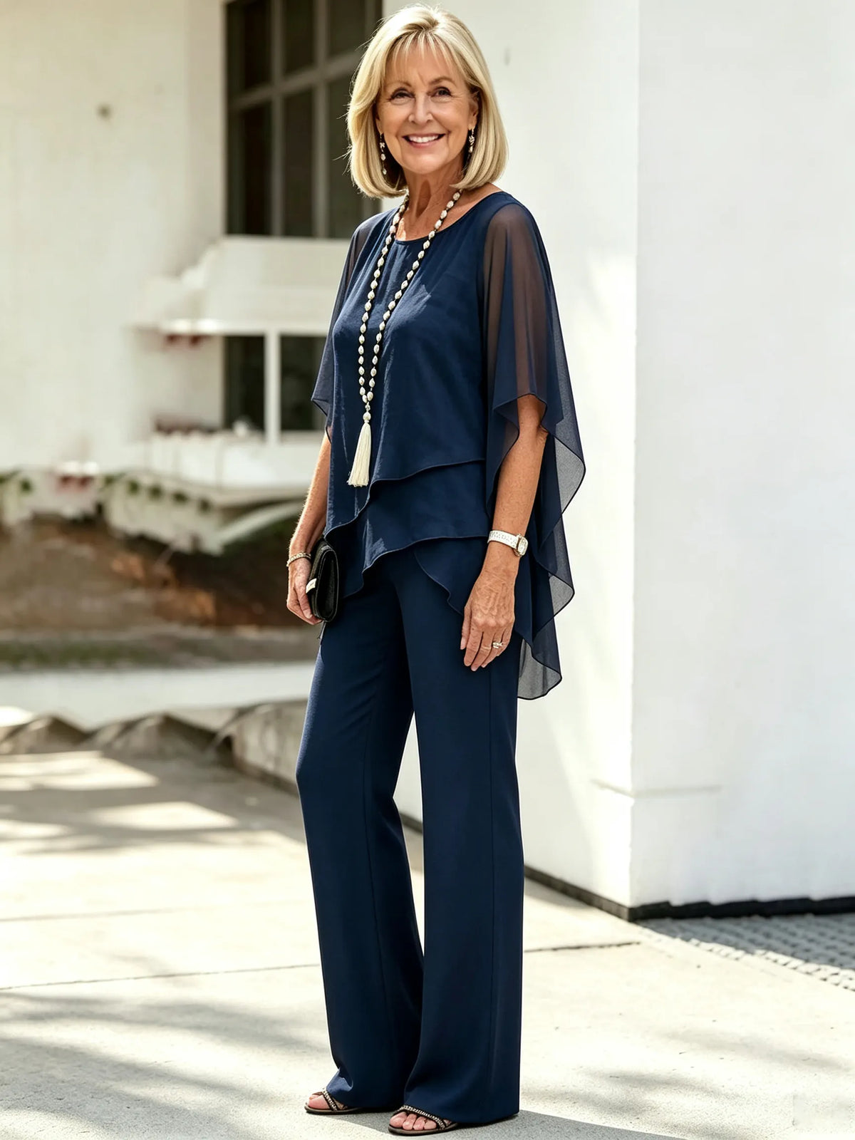 2 Piece Pant Set, Round Neck Keyhole Cutout Chiffon Cape Top, Irregular Layered Hem, Loose Flowy Batwing Sleeves, High Waist Straight Wide Leg Trousers, Lightweight Sheer Fabric, Elegant Outfit Set for Wedding Guest and Formal Occasions