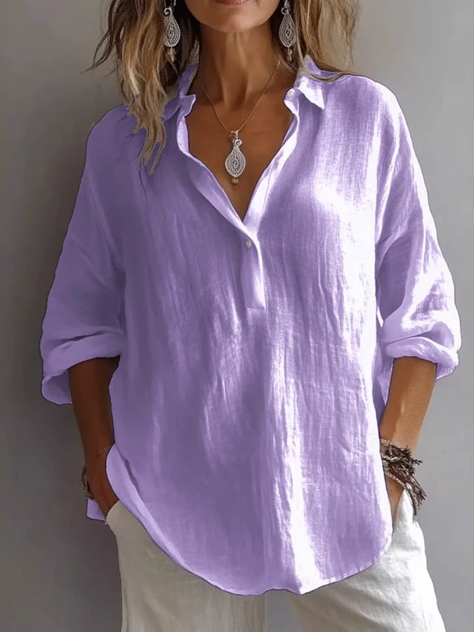 Women's Casual Solid Color Loose Long Sleeve Linen Lapel Shirt
