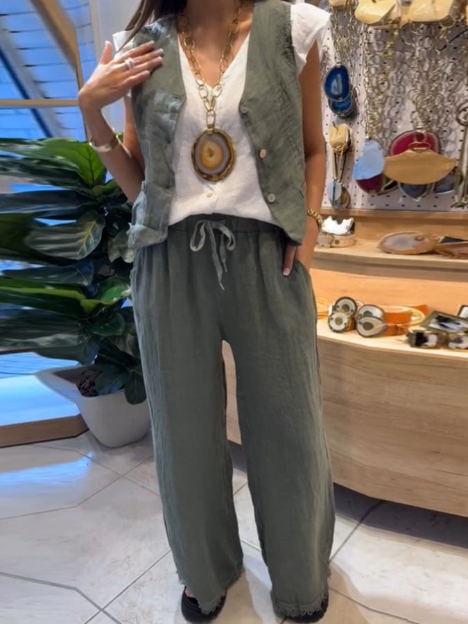 Women's Casual Solid Color Vest Trousers Cotton and Linen Two-piece Set