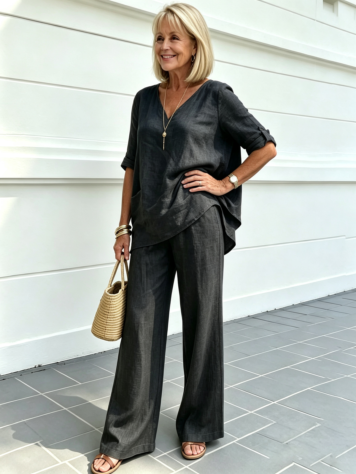 Casual Cotton and Linen Solid Color Fashion Casual Medium Sleeve V-neck Top Set