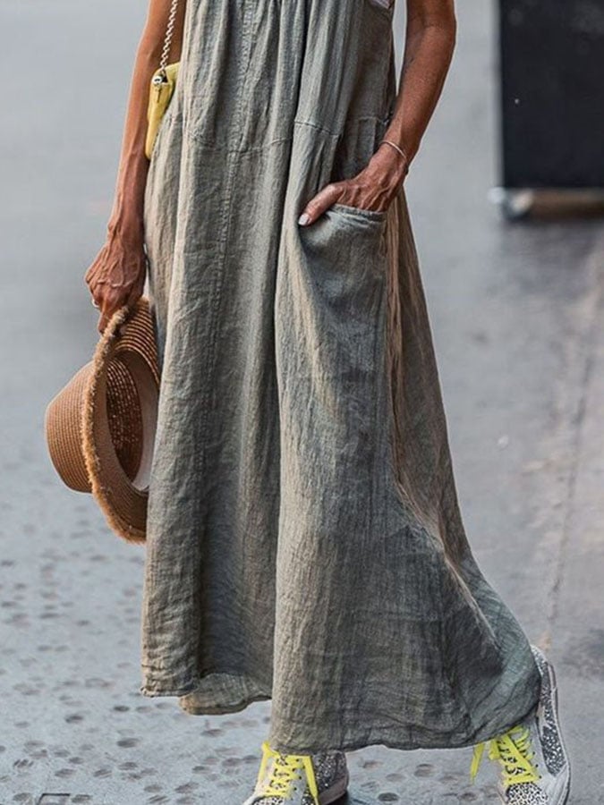 Women's Casual Solid Color Cotton and Linen Dress