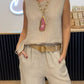 Women's Casual Solid Color Round Neck Vest Trousers Cotton and Linen Two-piece Set