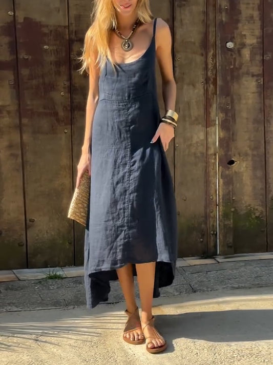 Women'S Casual Irregular Hem Solid Color Cotton And Linen Dress