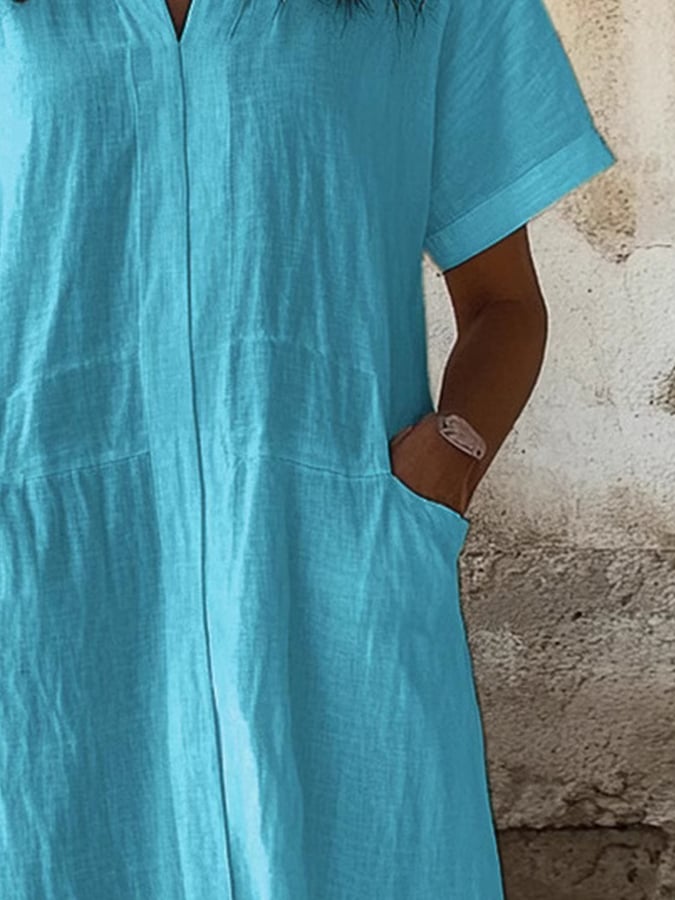 Women'S Casual Spring And Summer Loose V-Neck Solid Color Cotton And Linen Dress