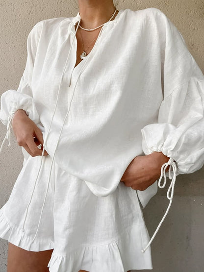 Women's Fashion Cotton and Linen Solid Color Loose V-Neck Lantern Sleeve Shorts Two-Piece Set