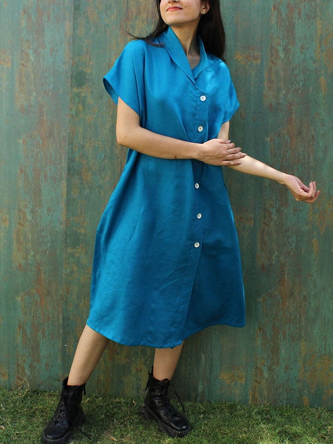 Ladies Casual Solid Color Cotton And Linen Lapel Dress