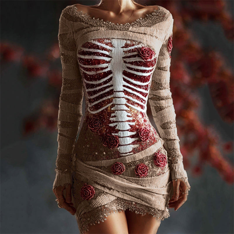 Halloween Bloody Red Roses Rib Cage Lace Comfy Mini Dress
