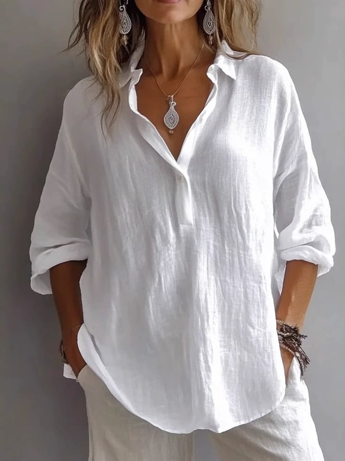 Women's Casual Solid Color Loose Long Sleeve Linen Lapel Shirt