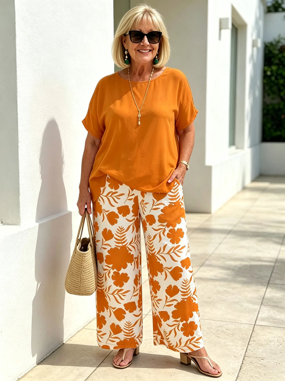 Elegant Two‐Piece Casual Suit for Women, Loose Solid Short Sleeve Top and High Waist Floral Printed Wide Leg Pants, Comfortable Relaxed Fit Co‐Ord Outfit, Fashionable Loungewear for Summer Daily Holiday Occasions