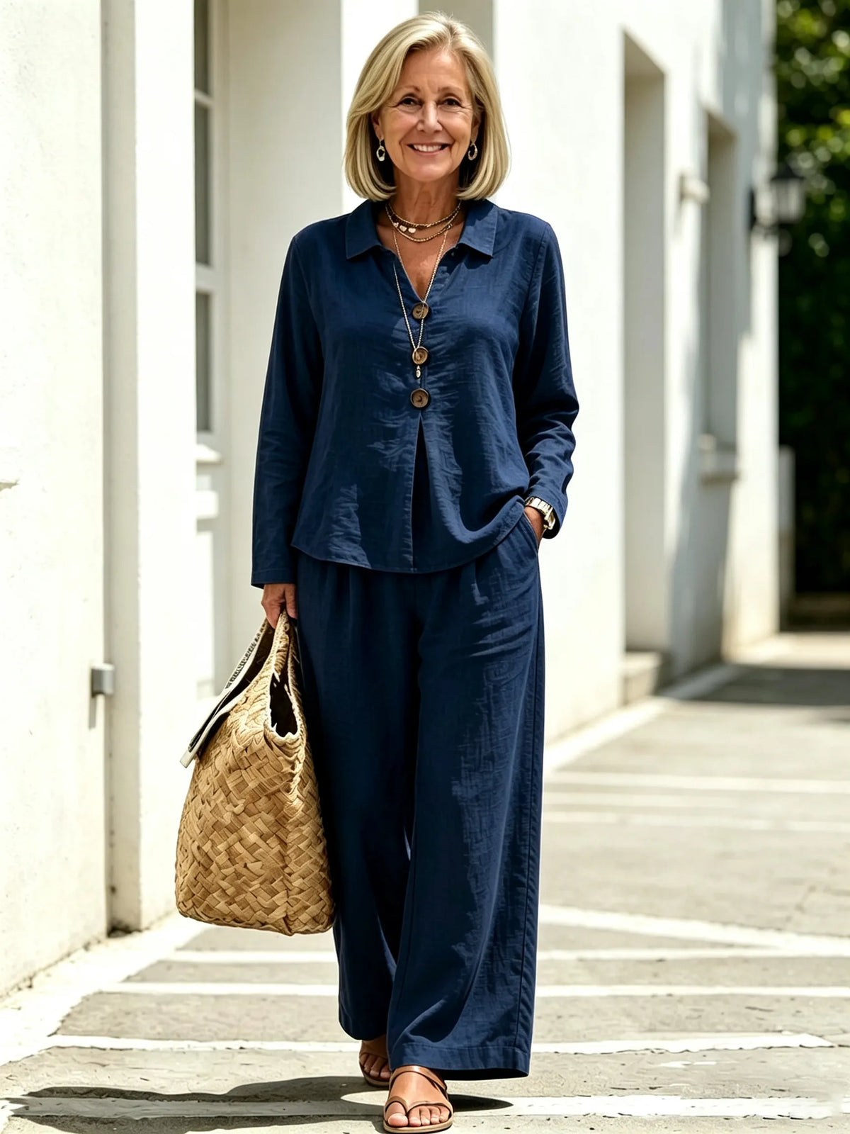 2 Piece Casual Outfit Set, Polo Collar Long Sleeve Button Front Blouse, Loose Solid Color Top, Elastic High Waist Wide Leg Trousers, Full Length Palazzo Pants, Soft Lightweight Textured Fabric, Relaxed Fit Matching Suit for Daily Wear, Vacation and Commut