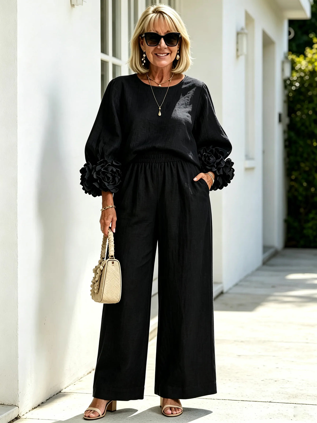 2Pcs Women Solid Color Linen Two Piece Pant Set, Crew Neck Long Sleeve Top with Statement 3D Floral Ruffle Cuffs, Elastic Waist Wide Leg Trousers, Relaxed Fit Matching Outfit for Casual Holiday Daily Outing
