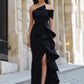 Black One-Shoulder Ruffled Evening Gown With Asymmetric Slit