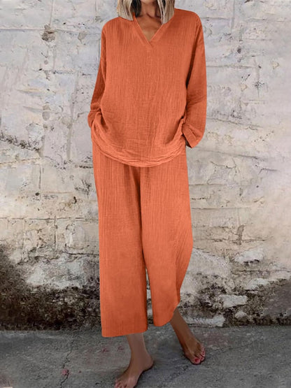 Women's Casual V-neck Pullover Long Sleeve + Pocket Trousers Cotton and Linen Suit