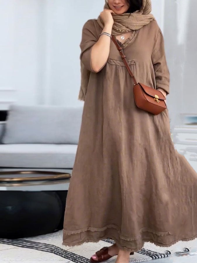 Women's Casual Solid Color V-Neck Long Sleeve Cotton and Linen Dress