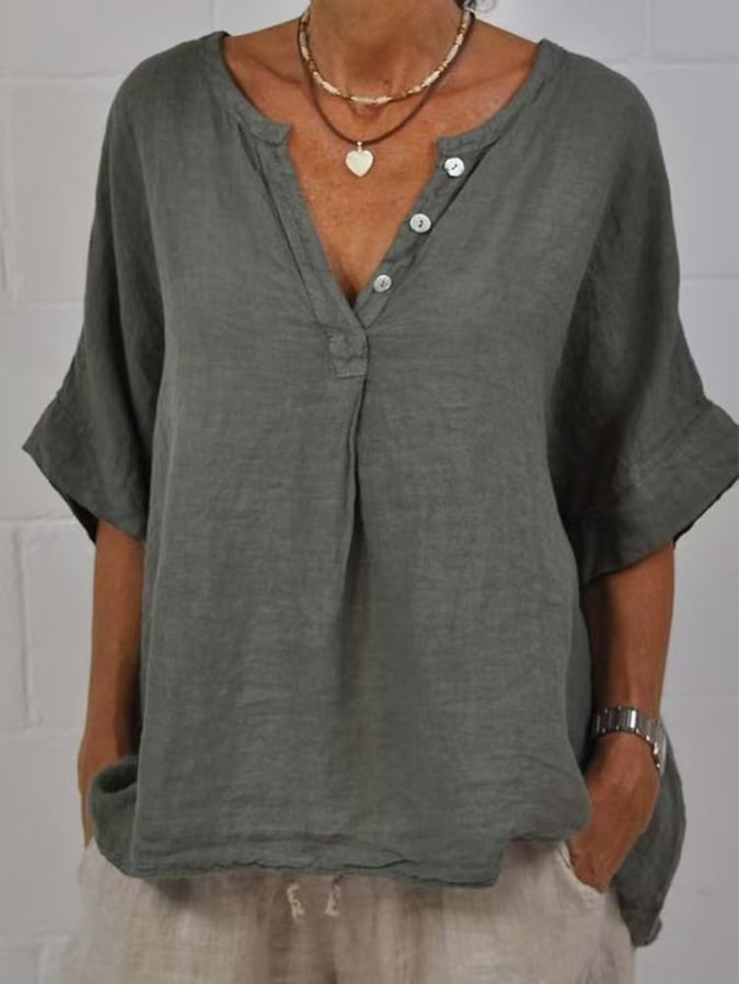 Women's Solid Mid Sleeve V-Neck Button-Up Cotton and Linen Shirt