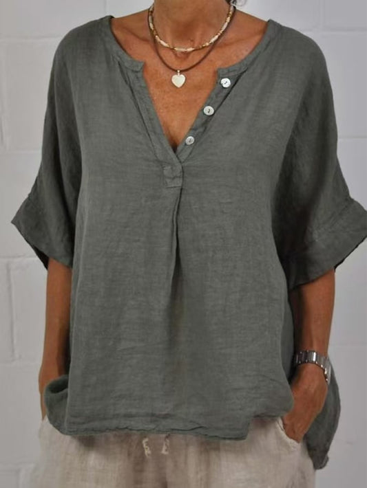 Women's Solid Mid Sleeve V-Neck Button-Up Cotton and Linen Shirt