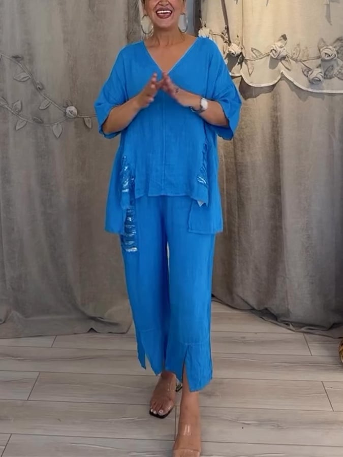 Women'S Casual V-Neck Sequined Cotton And Linen Two-Piece Suit