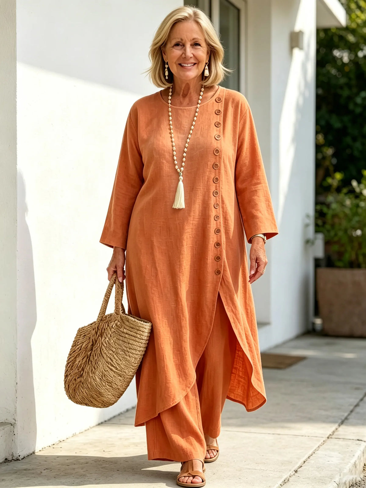 Casual Linen Long Irregular Single-breasted Top and Trousers Two-piece Set