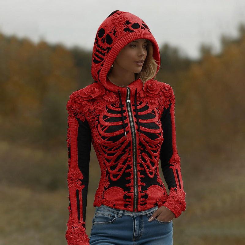 Women's Halloween Skeleton Bones With Roses Art Knitted Warm Zipper Hooded Sweater