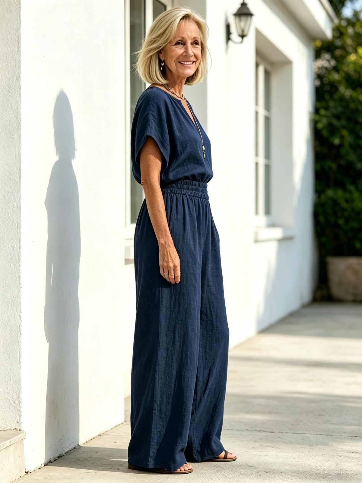 2Pcs Solid Color Loose Temperament V-neck Casual and Comfortable Cotton and Linen Two-piece Set