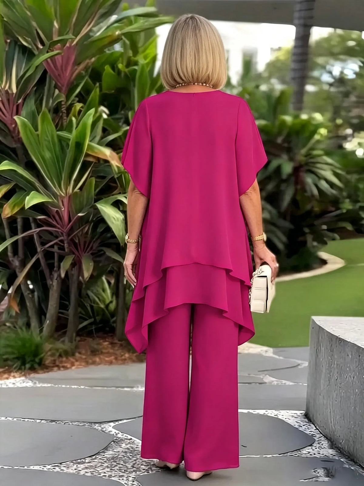 Women's 2 Piece Chiffon Pants Set, Round Neck Sheer Flutter Sleeve Asymmetric Double Layer Tunic Top & Wide Leg Trousers, Elegant Loose Matching Outfit for Wedding Guest Formal Occasions