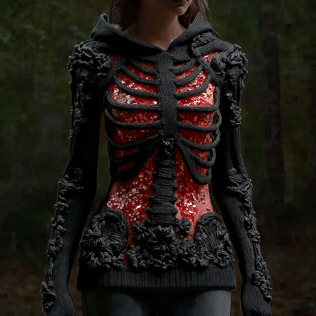 Halloween Skull Floral Knitted Warm Hooded Sweater