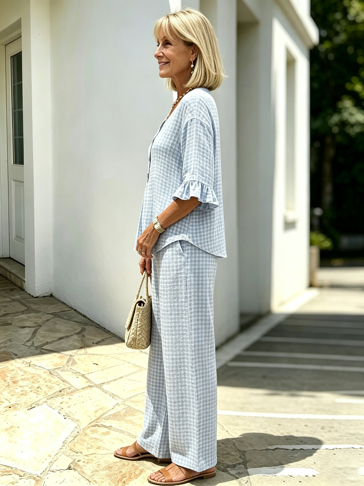Women Elegant Linen Blend Plaid Two-Piece Casual Pant Set, Woven Textured Gingham Check Pattern Matching Outfit, Notch V-Neck Three Wooden Button Front Top With Ruffle Flared 7/4 Length Bell Flounce Sleeves, Loose High Waist Wide Leg Full Length Trousers