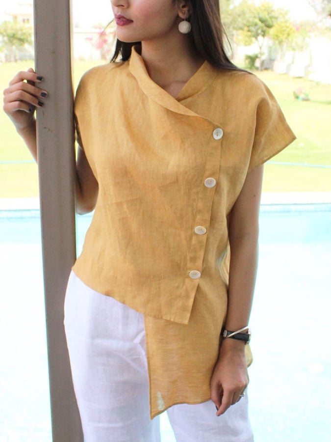 Women'S Casual Solid Color Cotton And Linen Mismatched Tops