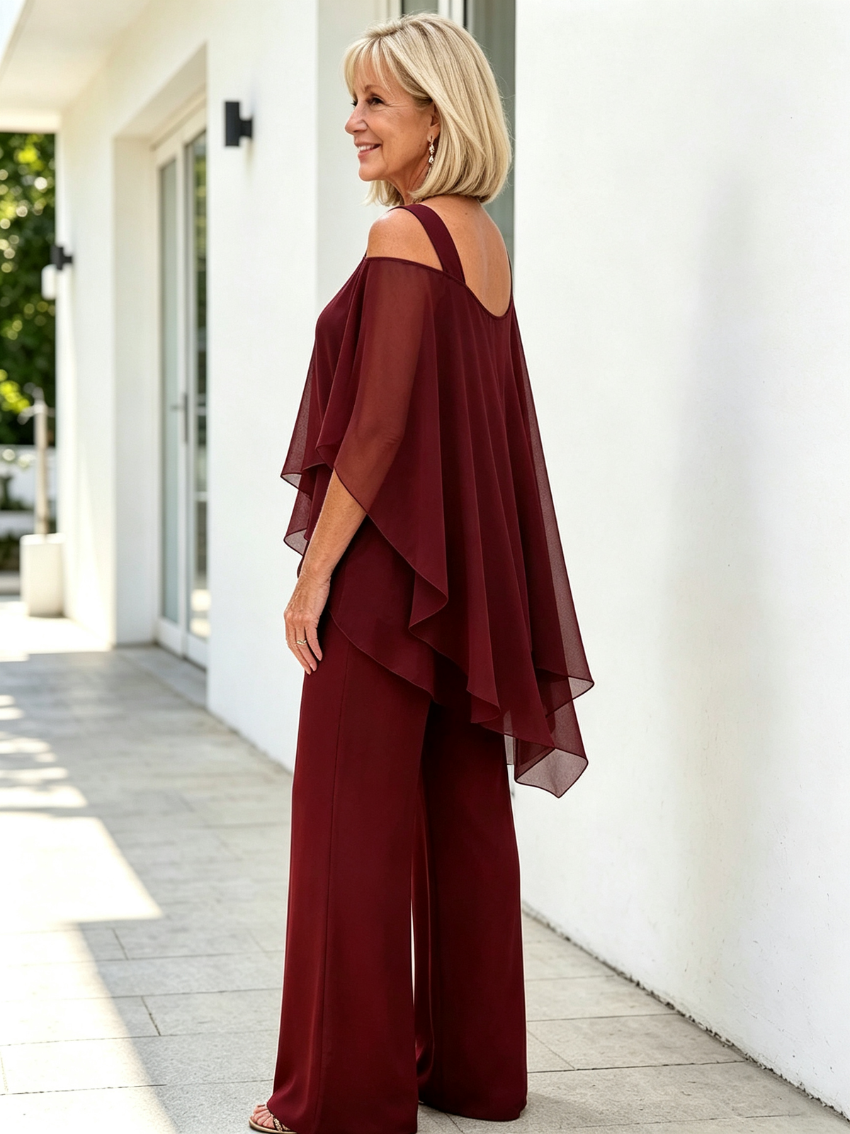 2 Piece Outfit Set, Cold Shoulder Asymmetrical Chiffon Batwing Sleeve Top, Irregular Layered Hem, High Waist Wide Leg Long Trousers, Lightweight Sheer Fabric, Elegant Flowy Pant Suit for Wedding, Banquet and Formal Events