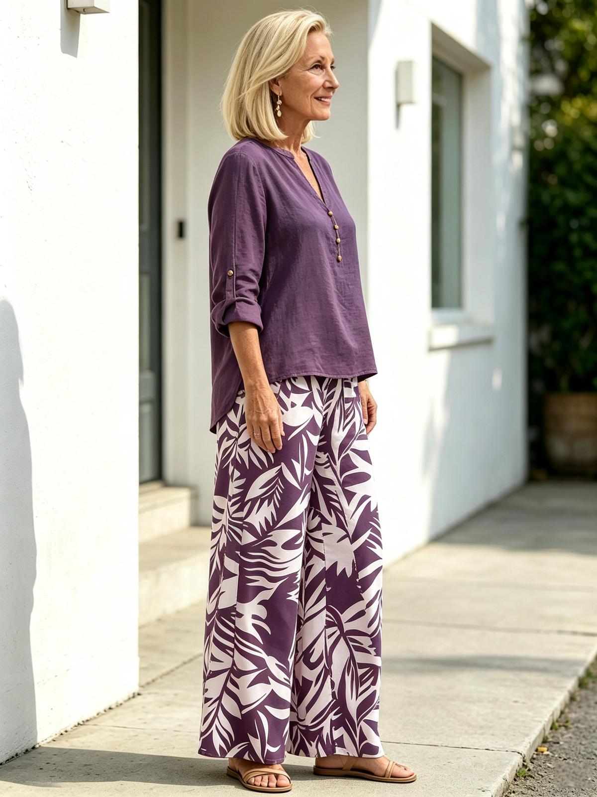Plant-printed V-neck Vest Straight-leg Pants, Casual and Comfortable Suit