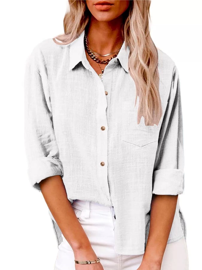 Women's Casual Solid Color Pocket Slit Cotton and Linen Long Sleeve Shirt