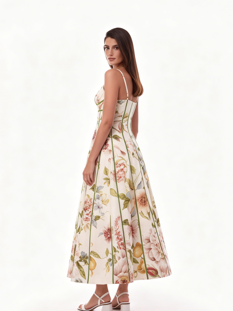 Cream Floral Corset Bustier Midi Dress