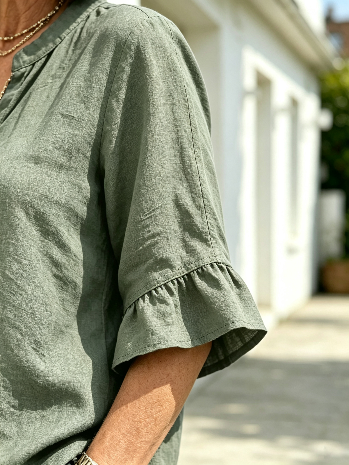 2Pcs Casual Matching Outfit Set, Mandarin Collar Half Button Top, Ruffle Edge Seven-quarter Sleeve Blouse, Solid Lightweight Textured Fabric, Elastic Waist Nine-quarter Jogger Pants with Button Hem Detail, Relaxed Loose Fit Co-Ord Suit for Daily L