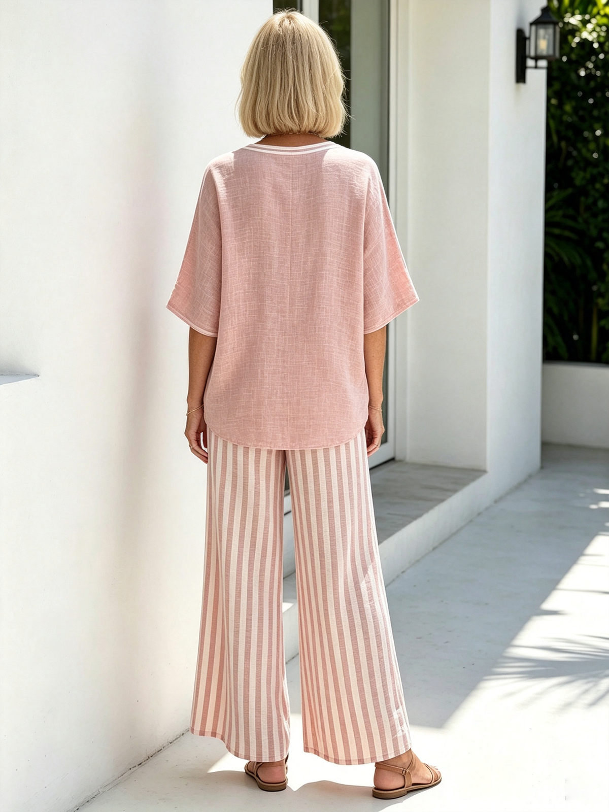 Women Cotton Linen Vacation Two-Piece Outfit Set, Contrast White Striped V-Neck Loose Short Sleeve Top With Striped Cuffs, Matching Green Vertical Striped High Waist Wide Leg Trousers, Lightweight Breathable Textured Fabric Relaxed Fit Casual Holiday Comm