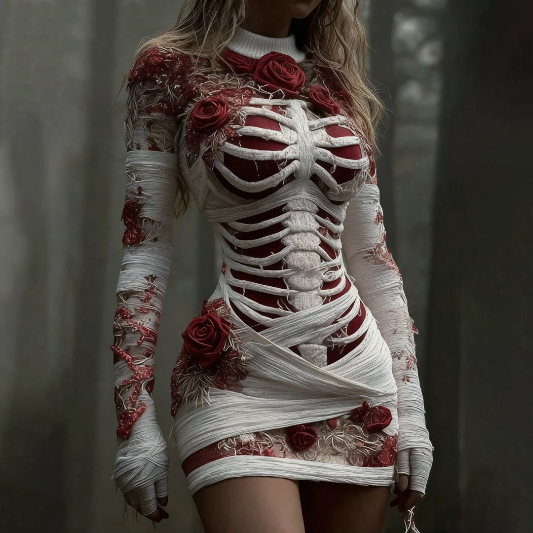 Women's Vintage Red Rose Skeleton Art Knit Mini Sweater Dress