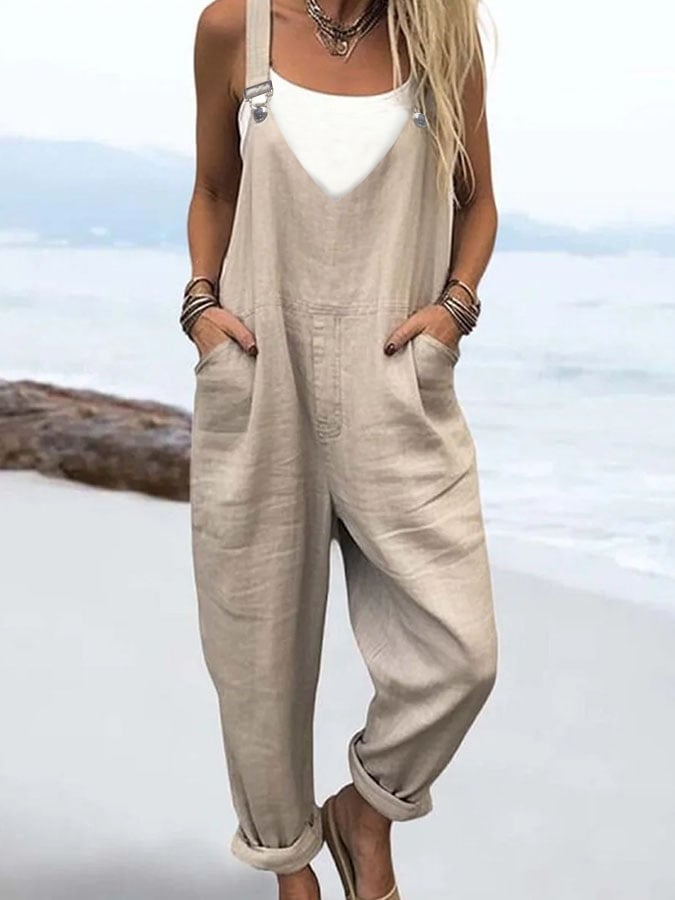 Women'S Casual Solid Color Cotton And Linen Overalls