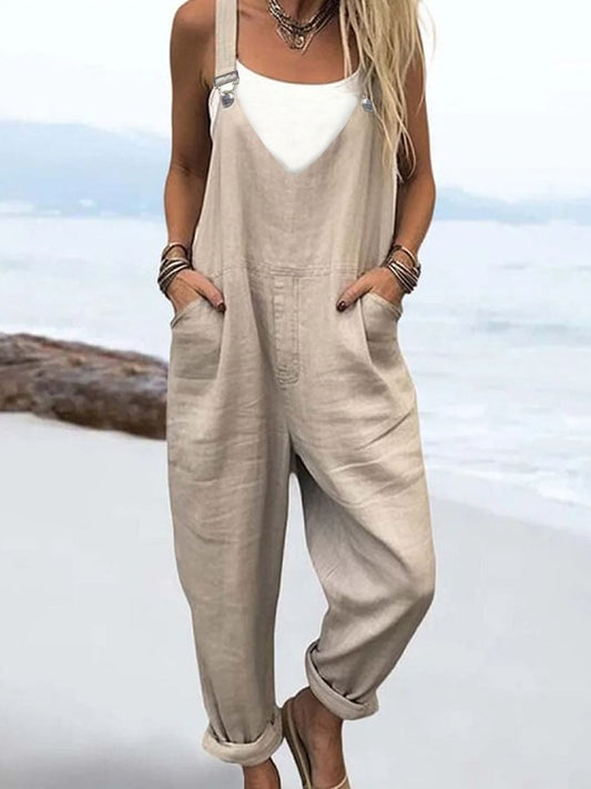 Women'S Casual Solid Color Cotton And Linen Overalls