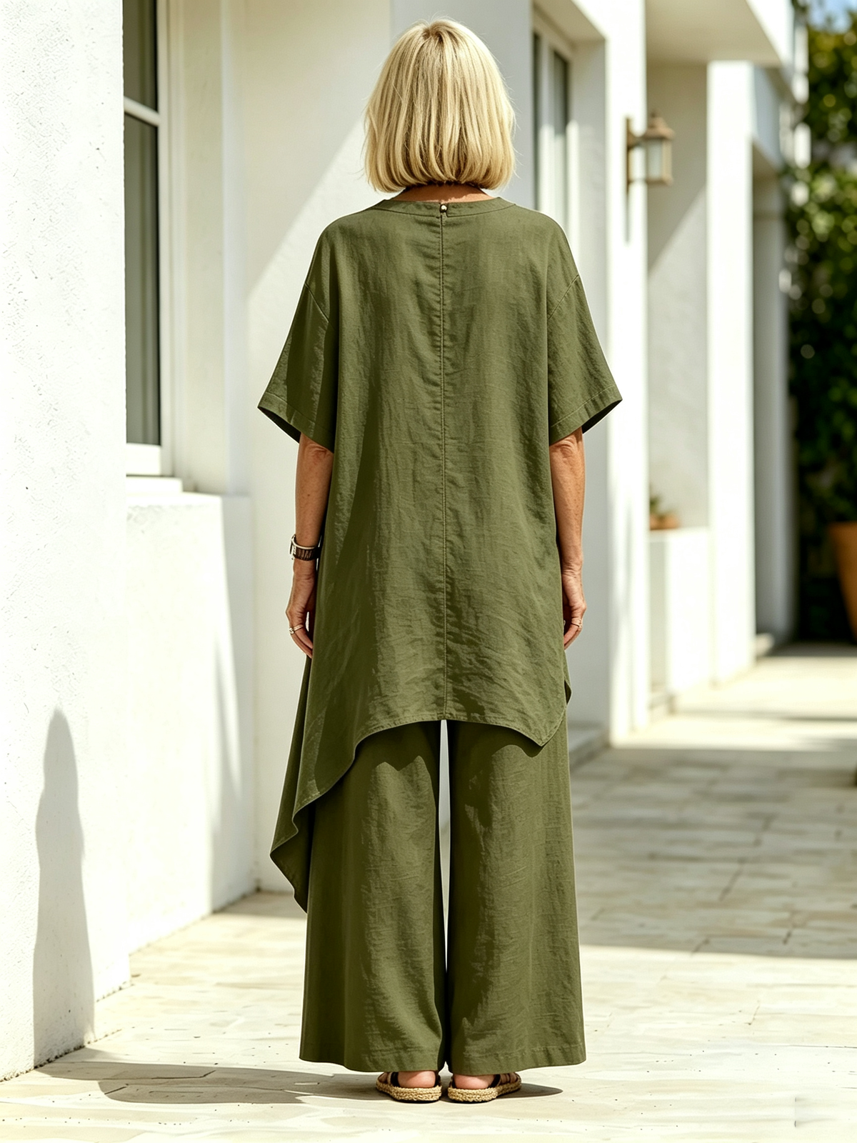 2Pcs Solid Color Cotton Linen Two-piece Outfit, Round Neck Short Sleeve Irregular Hem Tunic Top, Wide Leg Long Pants, Loose Relaxed Fit, Lightweight Breathable Fabric, Flowy Casual Coordinate Set for Daily, Holiday and Outdoor Occasions