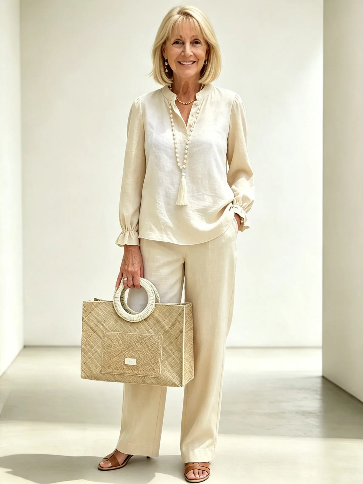 Women Solid Light Blue Two-Piece Casual Suit, Simple Mandarin Collar Half Button Front Blouse With Elastic Bubble Ruffle Cuff Long Sleeves, Matching High Waist Straight Wide Leg Long Pants, Lightweight Breathable Textured Linen Blend Temperament Commuter