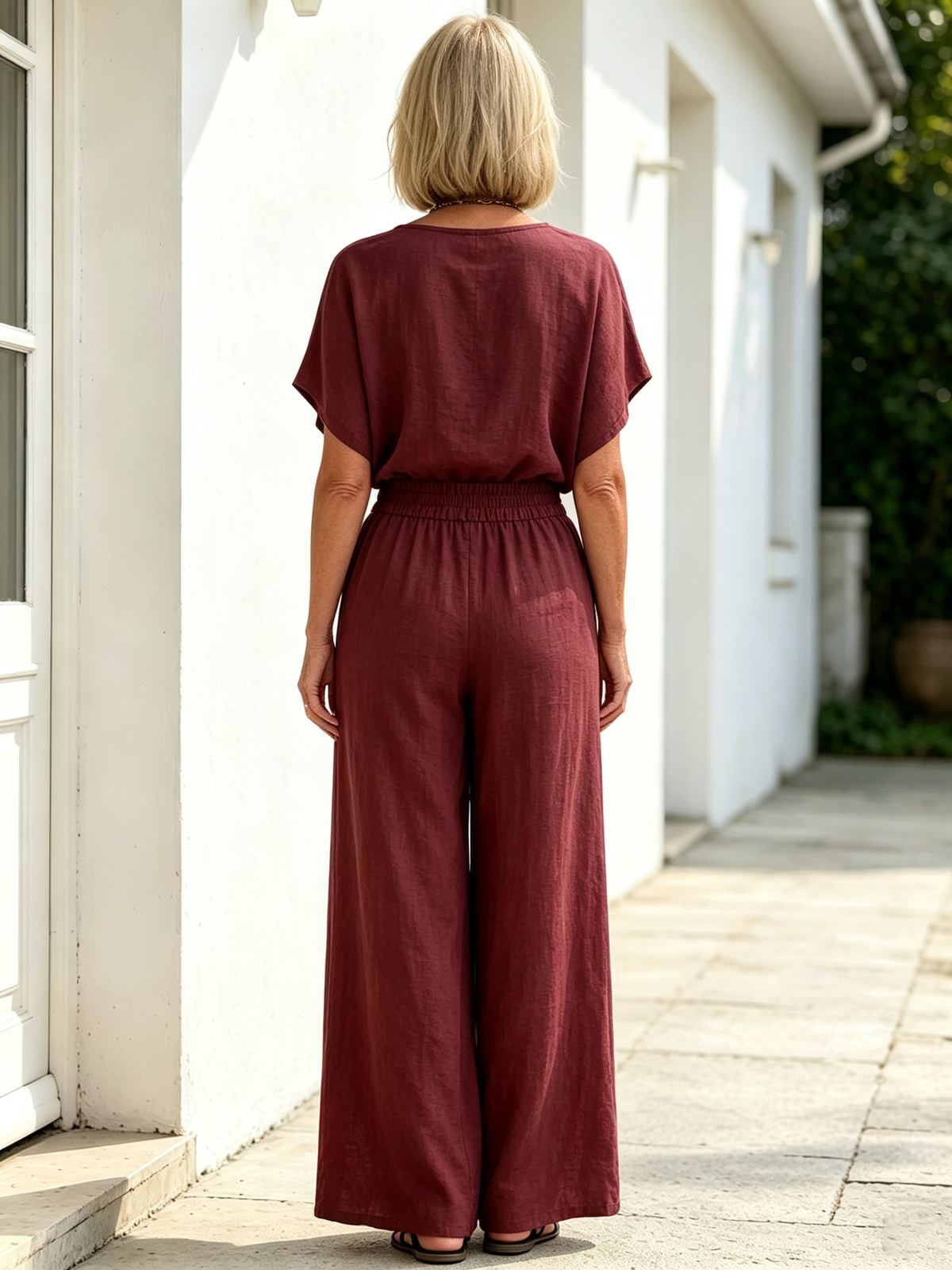 2Pcs Solid Color Loose Temperament V-neck Casual and Comfortable Cotton and Linen Two-piece Set