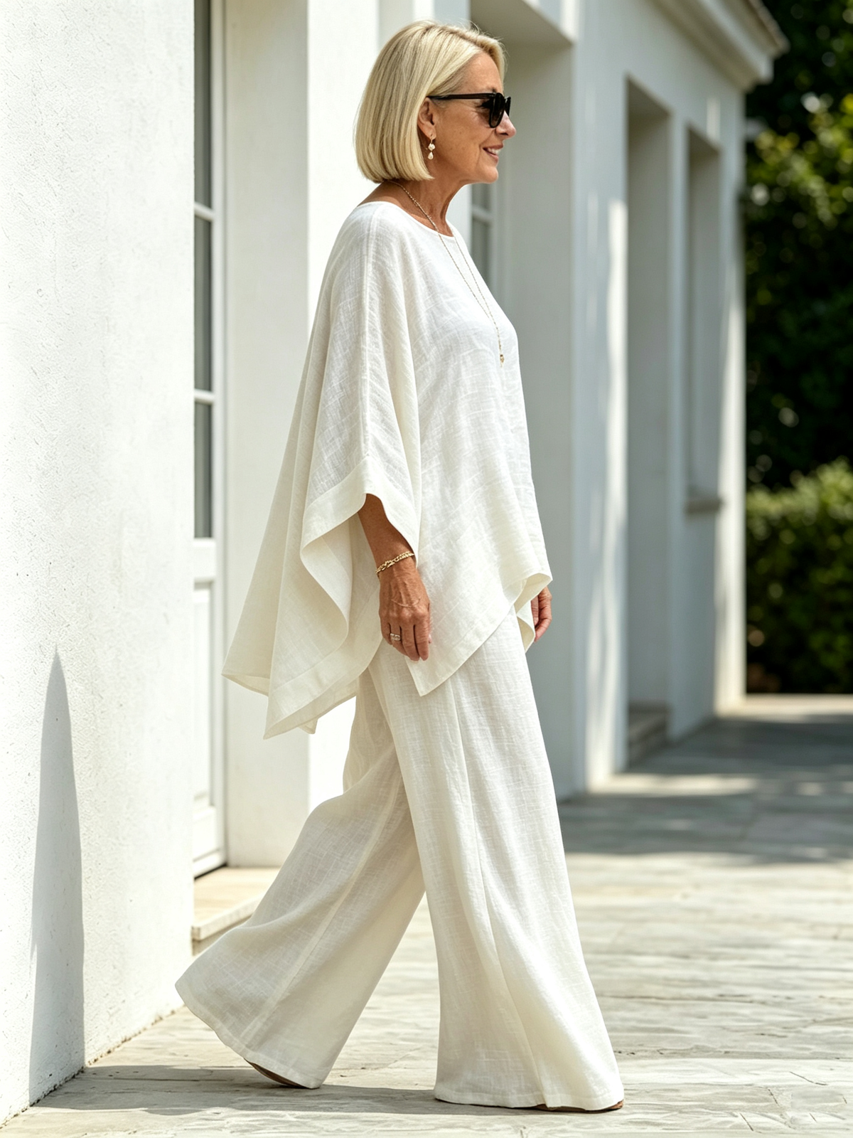 2Pcs Elegant Women Solid Linen‐Blend Two‐Piece Set, Oversized Batwing Sleeve Uneven Hem Tunic Blouse, Breathable Flowy Wide Leg Floor‐Length Pants, Loose Comfortable Casual Co‐ord Suit for Beach Holiday Daily Street Wear